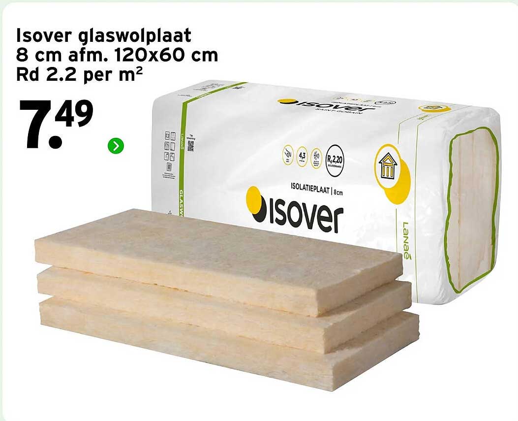 Isover glaswolplaat 8 cm afm. 120x60 cm Rd 2.2 per m²
