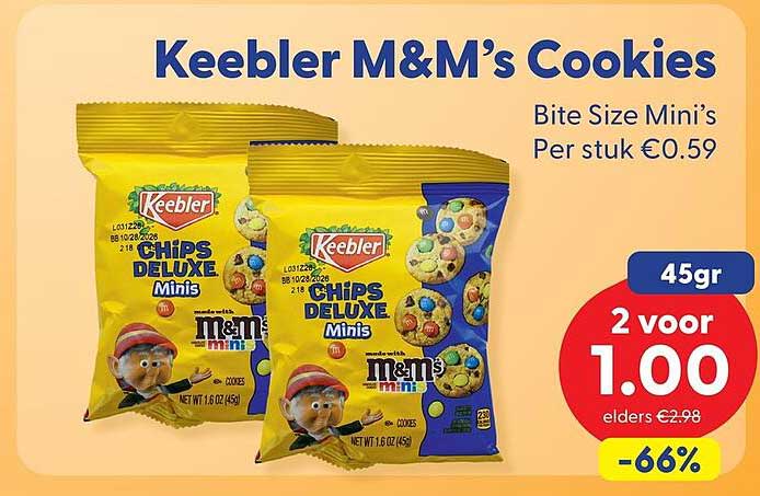 Keebler M&M’s Cookies Bite Size Mini’s Per stuk €0.59 2 voor 1.00 -66%
