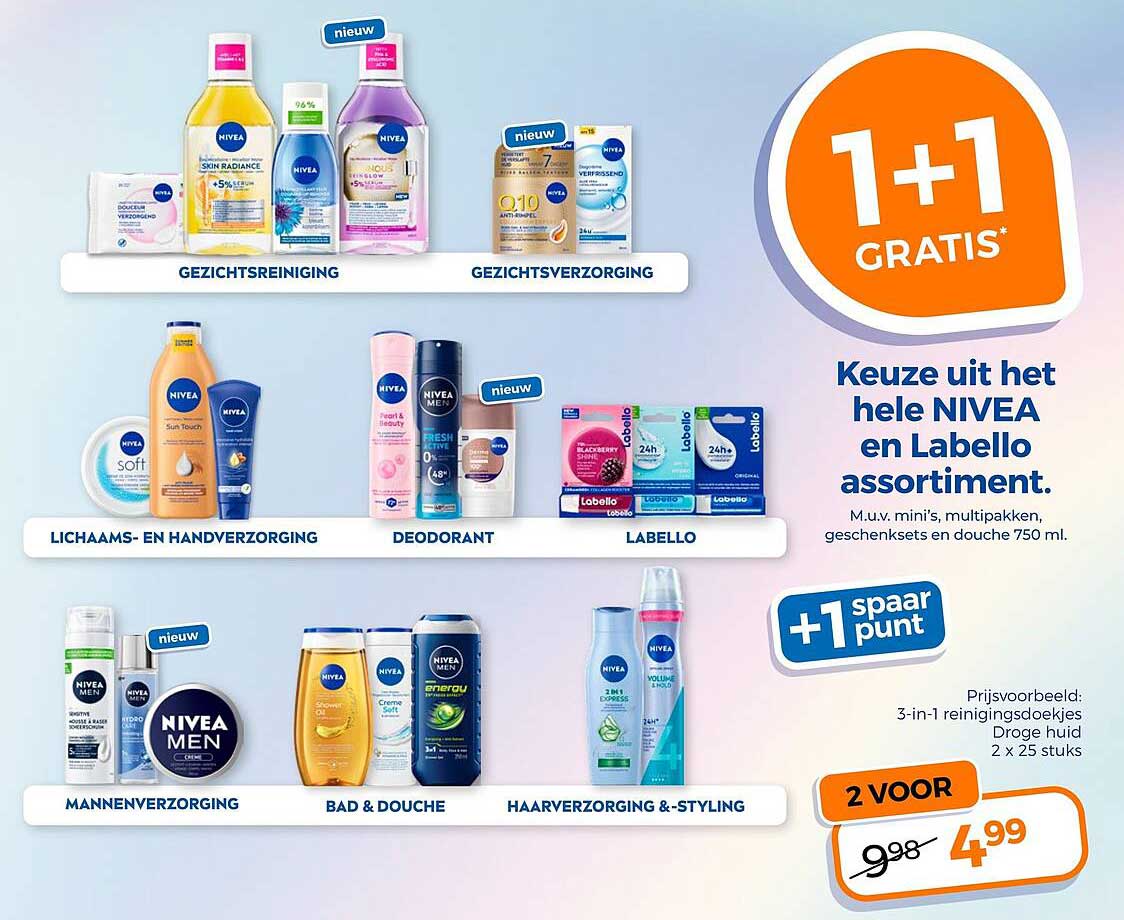 Keuze uit het hele NIVEA en Labello assortiment. 1+1 gratis