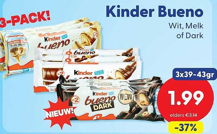 Kinder Bueno Wit, Melk of Dark 3x39-43gr -37%