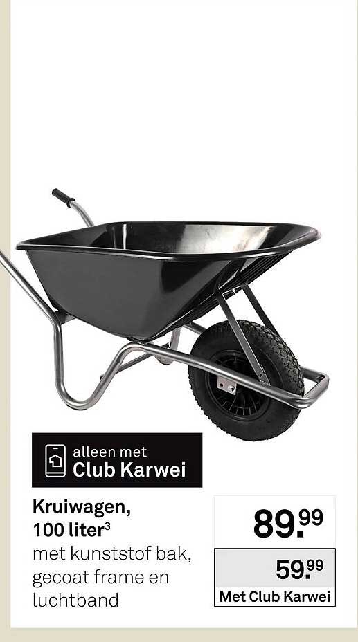 Kruiwagen, 100 liter³ met kunststof bak, gecoat frame en luchtband