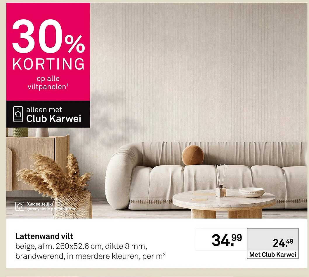Lattenwand vilt beige, afm. 260x52.6 cm, dikte 8 mm, brandwerend, in meerdere kleuren, per m²