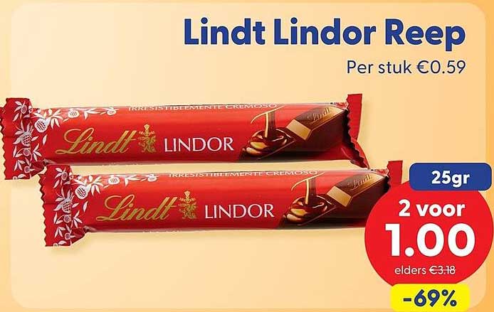 Lindt Lindor Reep 25gr 2 voor 1.00 -69%