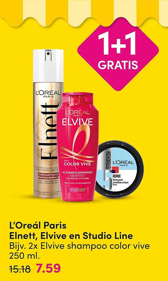 L’Oréal Paris Elnett, Elvive en Studio Line Bijv. 2x Elvive shampoo color vive 250 mL. 1+1 GRATIS