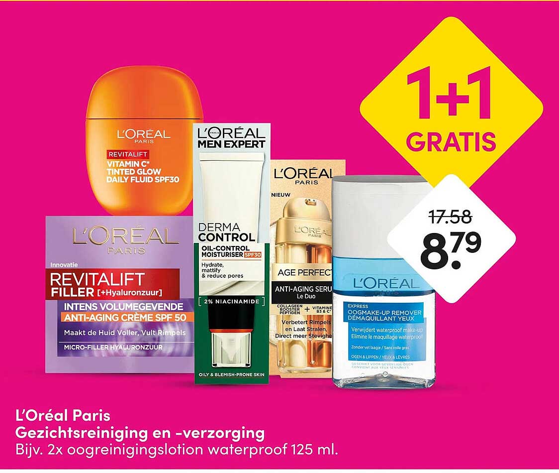 L'Oréal Paris Gezichtsreiniging en -verzorging Bijv. 2x oogreinigingslotion waterproof 125 ml. 1+1 GRATIS
