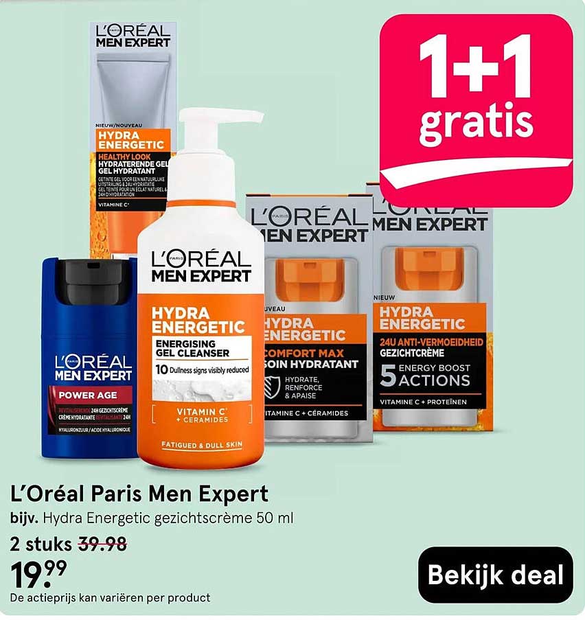 L'Oréal Paris Men Expert, bijv. Hydra Energetic gezichtscrème 50 ml 1+1 gratis