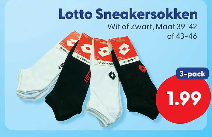 Lotto Sneakersokken Wit of Zwart, Maat 39-42 of 43-46 3-pack