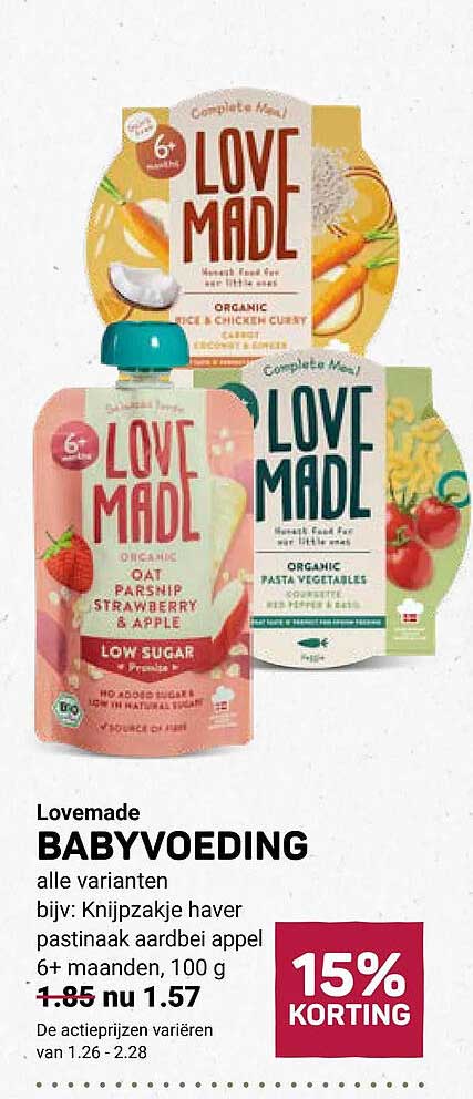 Lovemade BABYVOEDING alle varianten bijv: Knijpzakje haver pastinaak aardbei appel 6+ maanden, 100 g 15% KORTING
