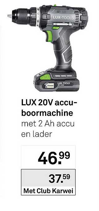 LUX 20V accu-boormachine met 2 Ah accu en lader