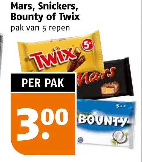 Mars, Snickers, Bounty of Twix pak van 5 repen