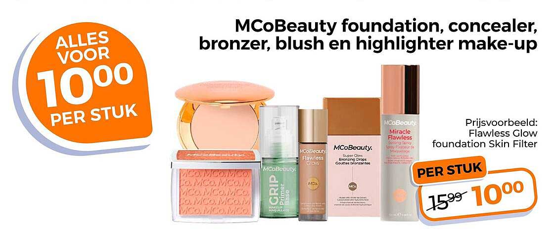 MCoBeauty foundation, concealer, bronzer, blush en highlighter make-up