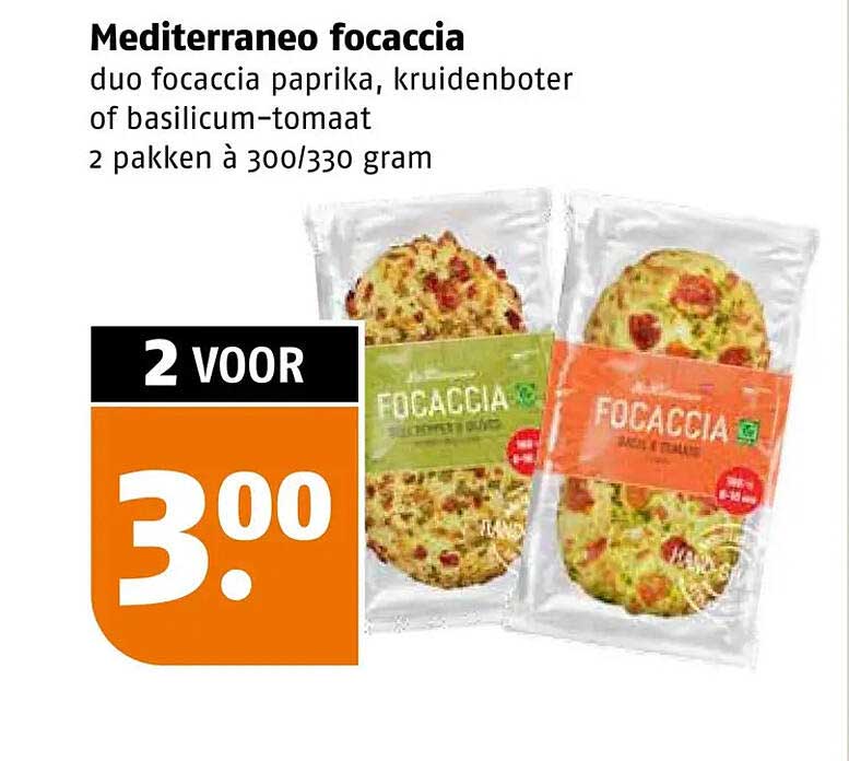 Mediterraneo focaccia duo focaccia paprika, kruidenboter of basilicum-tomaat 2 pakken à 300/330 gram