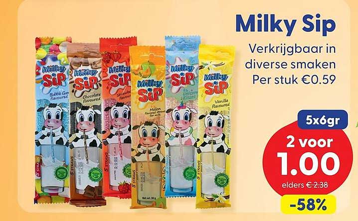 Milky Sip - Verkrijgbaar in diverse smaken - Per stuk €0.59 - 5x6gr 2 voor 1.00 -58%
