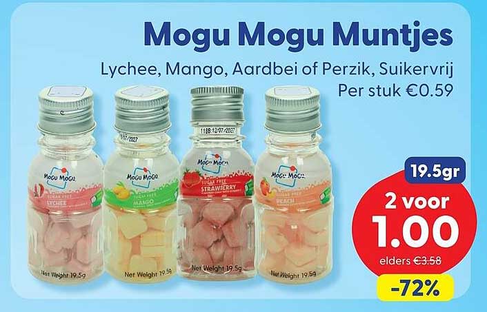 Mogu Mogu Muntjes Lychee, Mango, Aardbei of Perzik, Suikervrij 2 voor 1.00