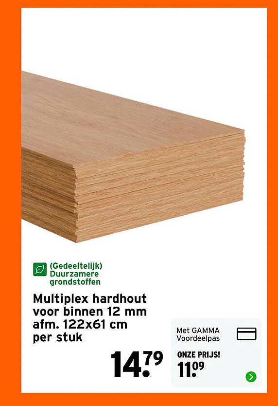 Multiplex hardhout voor binnen 12 mm afm. 122x61 cm per stuk