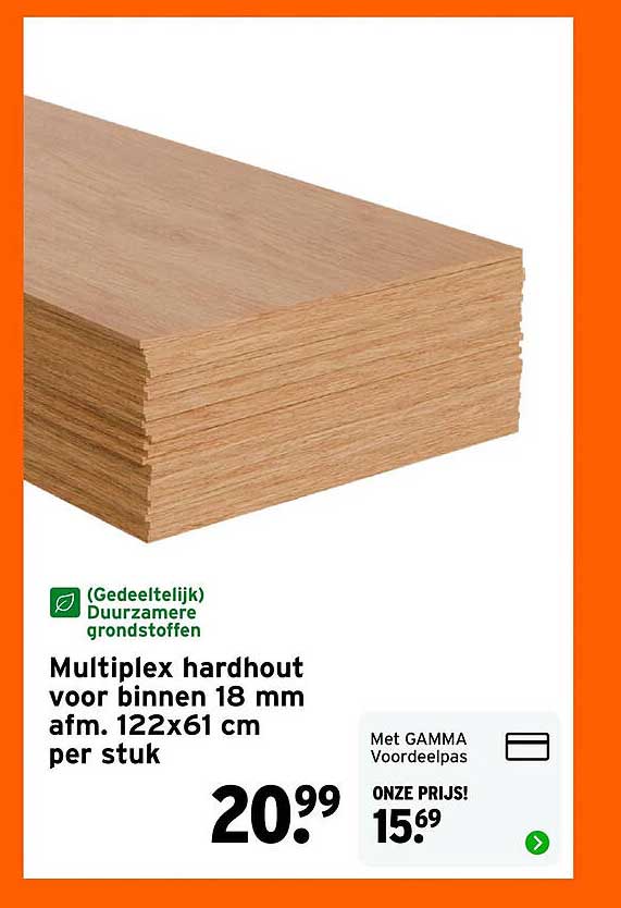 Multiplex hardhout voor binnen 18 mm afm. 122x61 cm per stuk