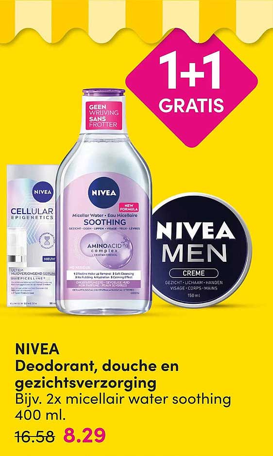 NIVEA Deodorant, douche en gezichtsverzorging Bijv. 2x micellair water soothing 400 ml. 1+1 GRATIS