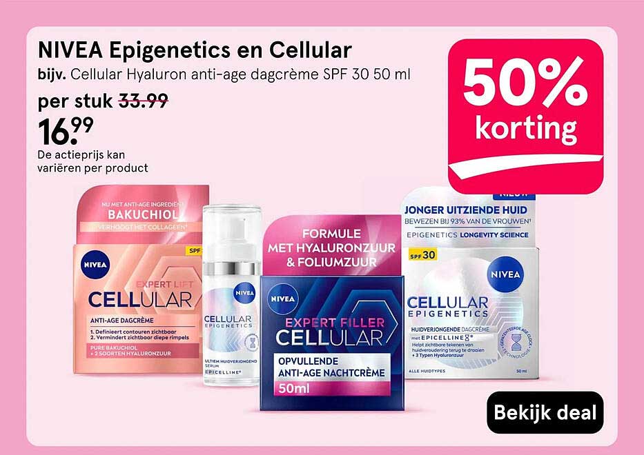 NIVEA Epigenetics en Cellular bijv. Cellular Hyaluron anti-age dagcrème SPF 30 50 ml 50% korting