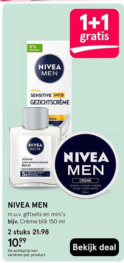 NIVEA MEN m.u.v. giftsets en mini’s bijv. Crème blik 150 ml 1+1 gratis