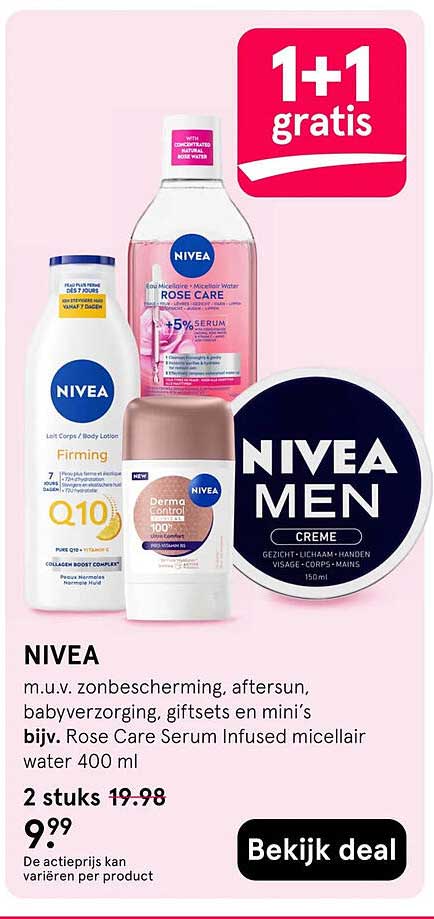 NIVEA m.u.v. zonbescherming, aftersun, babyverzorging, giftsets en mini’s bijv. Rose Care Serum Infused micellair water 400 ml 1+1 gratis