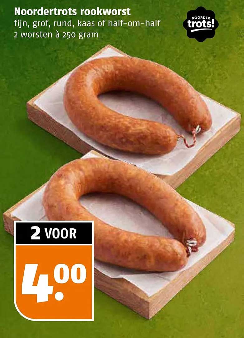 Noordertrots rookworst fijn, grof, rund, kaas of half-om-half 2 worsten à 250 gram