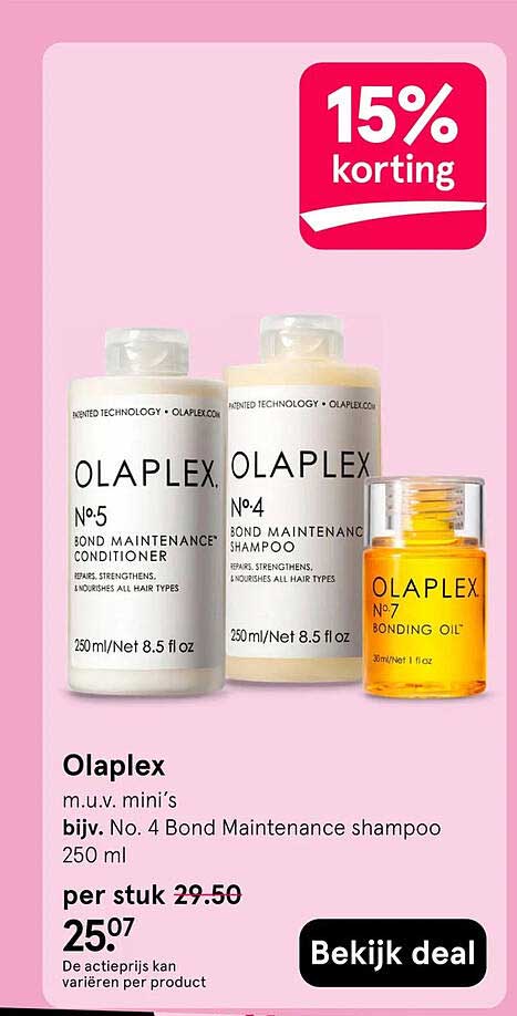 Olaplex m.u.v. mini’s bijv. No. 4 Bond Maintenance shampoo 250 ml 15% korting