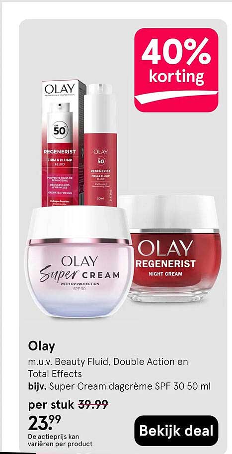 Olay m.u.v. Beauty Fluid, Double Action en Total Effects bijv. Super Cream dagcrème SPF 30 50 ml 40% korting