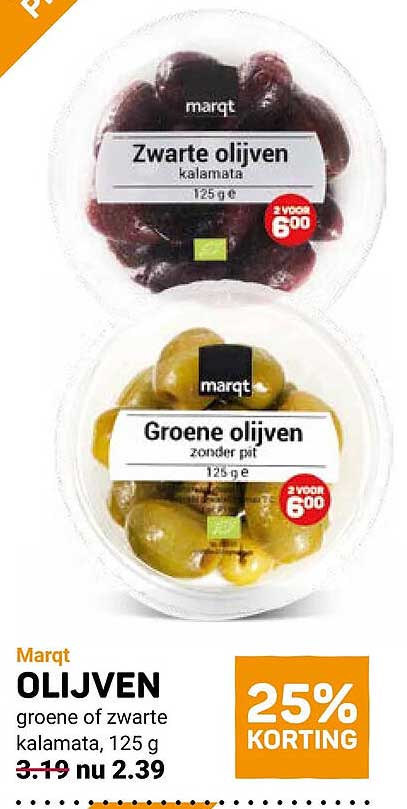 OLIJVEN groene of zwarte kalamata, 125 g 25% KORTING