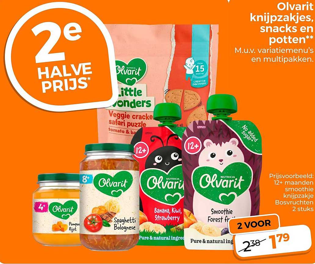 Olvarit knijpzakjes, snacks en potten** 2e halve prijs