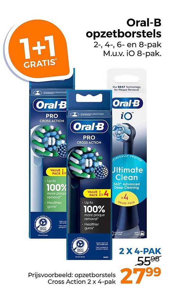 Oral-B opzetborstels 2-, 4-, 6- en 8-pak M.u.v. iO 8-pak. 1+1 GRATIS