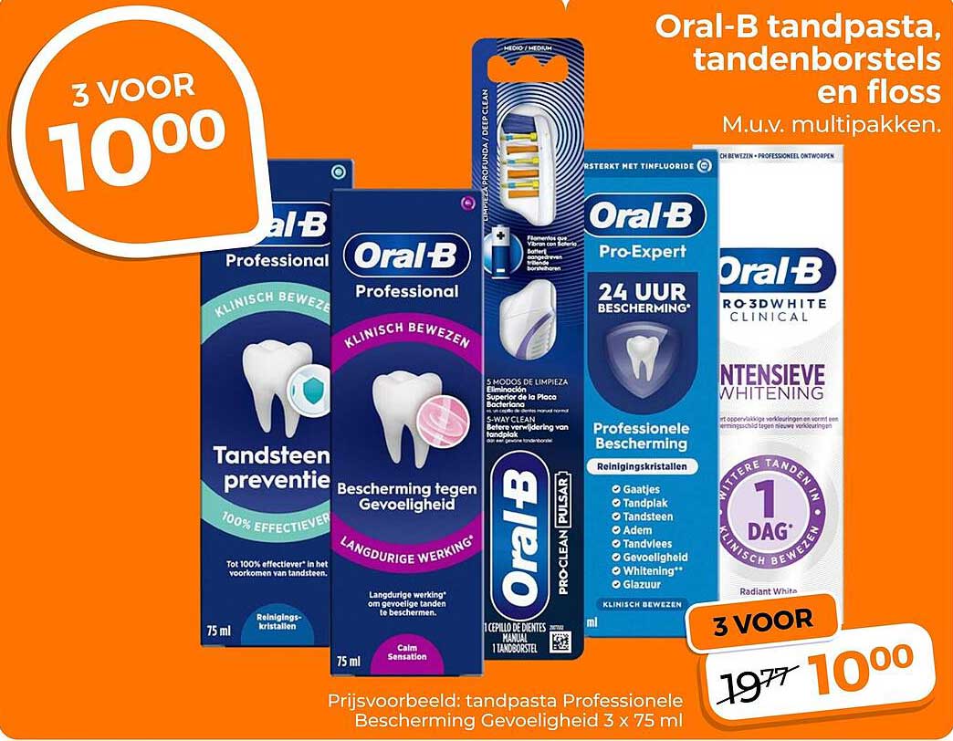 Oral-B tandpasta, tandenborstels en floss. M.u.v. multipakken. 3 VOOR 10,00