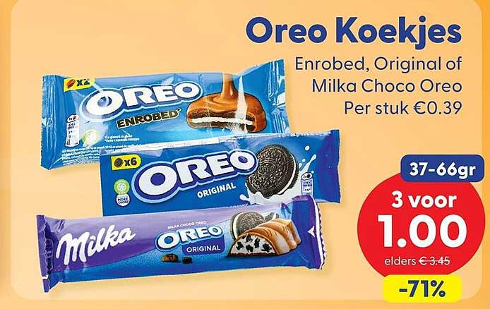 Oreo Koekjes Enrobed, Original of Milka Choco Oreo Per stuk €0.39 37-66gr 3 voor 1.00 -71%