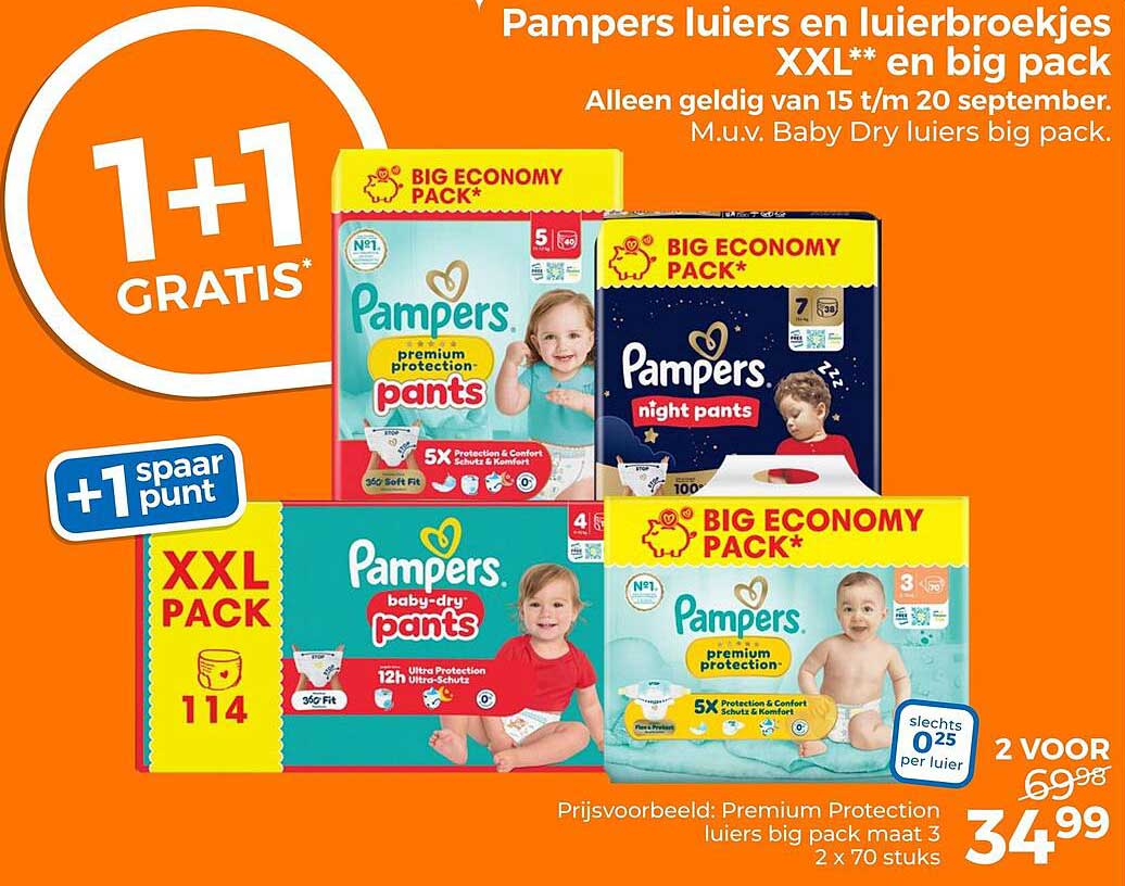 Pampers luiers en luierbroekjes XXL** en big pack 1+1 GRATIS*