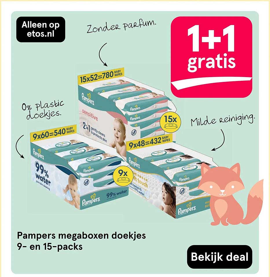 Pampers megaboxen doekjes 9- en 15-packs 1+1 gratis