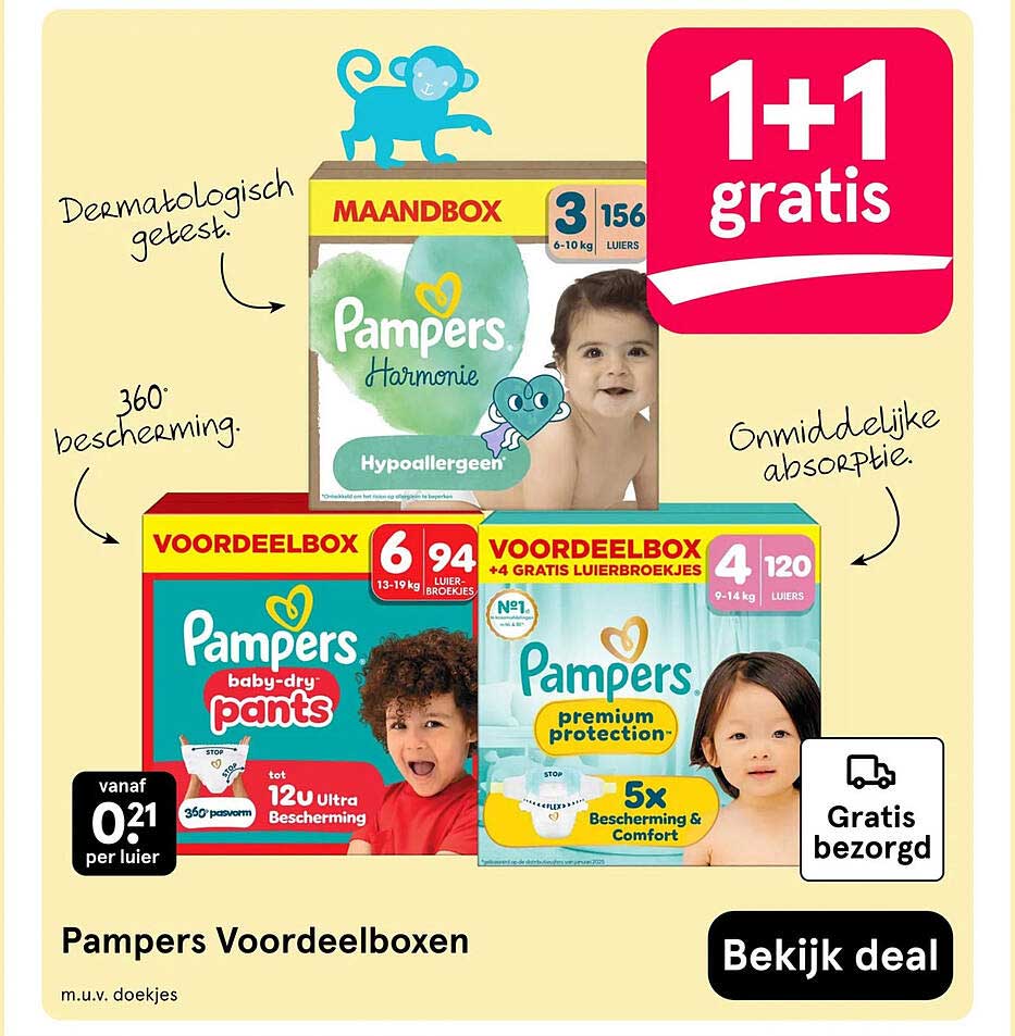 Pampers Voordeelboxen 1+1 gratis