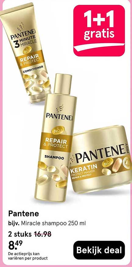 Pantene bijv. Miracle shampoo 250 ml 1+1 gratis
