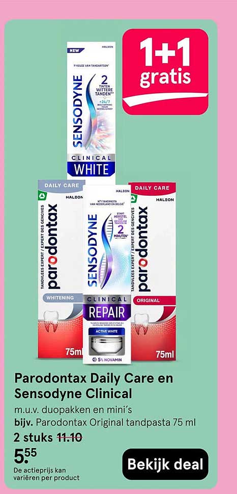 Parodontax Daily Care en Sensodyne Clinical 1+1 gratis