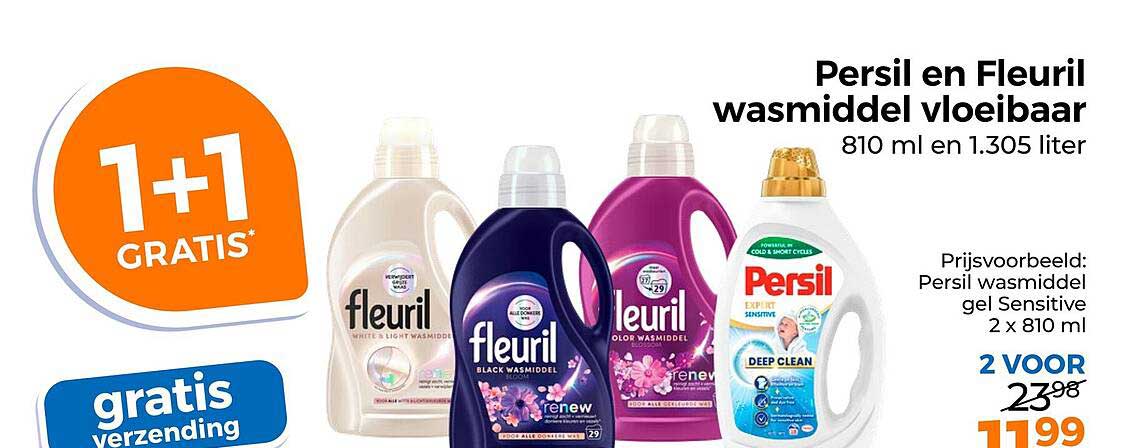 Persil en Fleuril wasmiddel vloeibaar 1+1 gratis