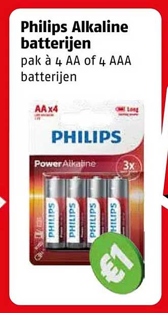 Philips Alkaline batterijen pak à 4 AA of 4 AAA batterijen