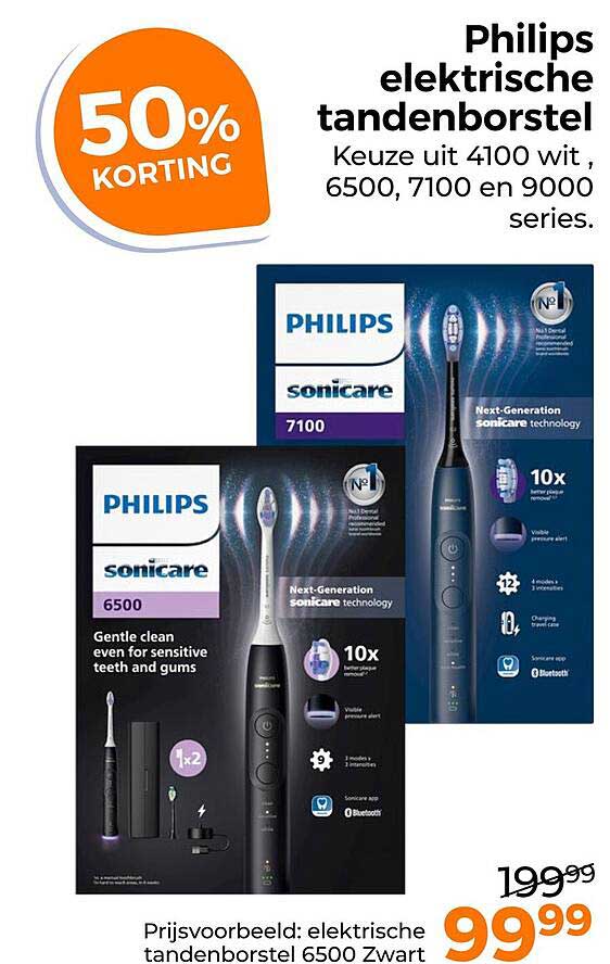 Philips elektrische tandenborstel Keuze uit 4100 wit, 6500, 7100 en 9000 series 50% KORTING