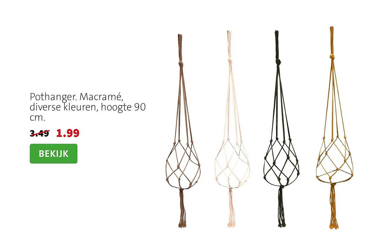 Pothanger. Macramé, diverse kleuren, hoogte 90 cm.
