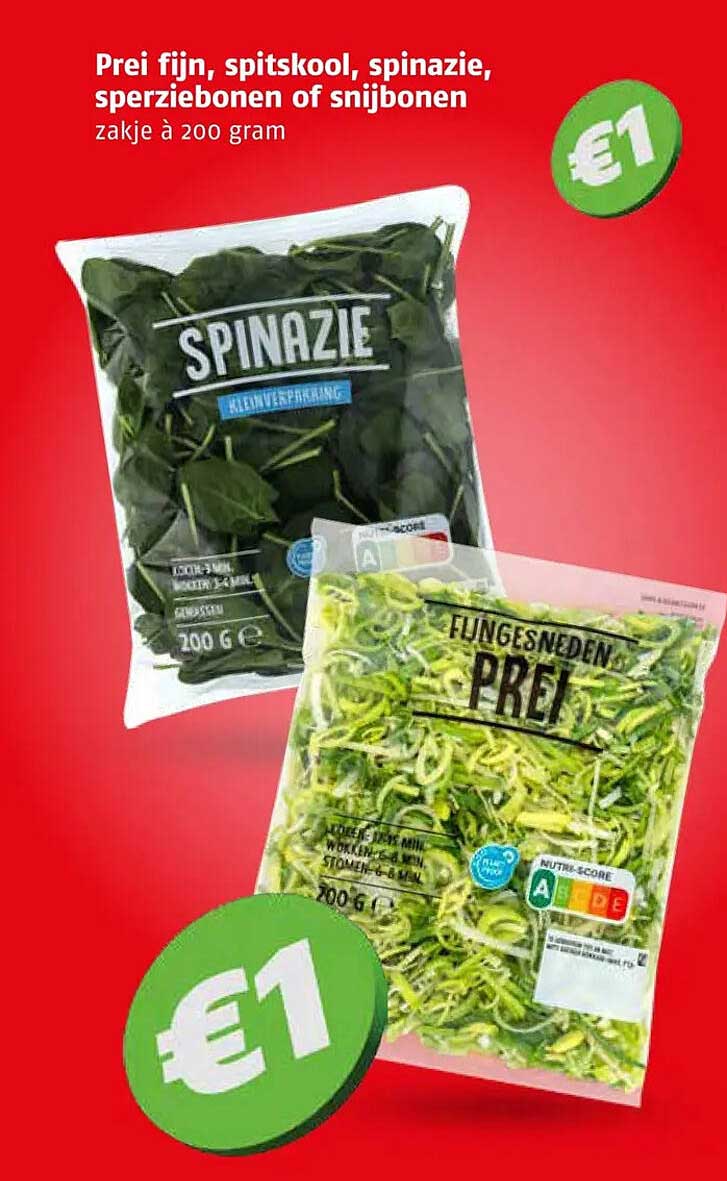 Prei fijn, spitskool, spinazie, sperziebonen of snijbonen zakje à 200 gram