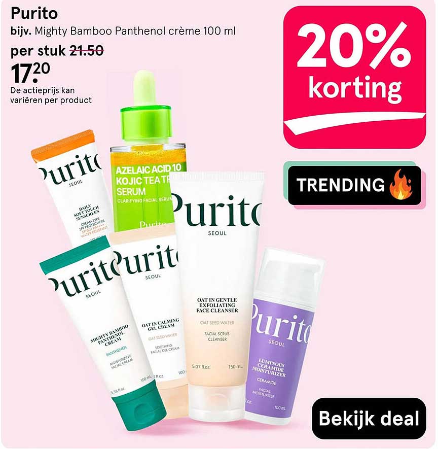 Purito bijv. Mighty Bamboo Panthenol crème 100 ml 20% korting