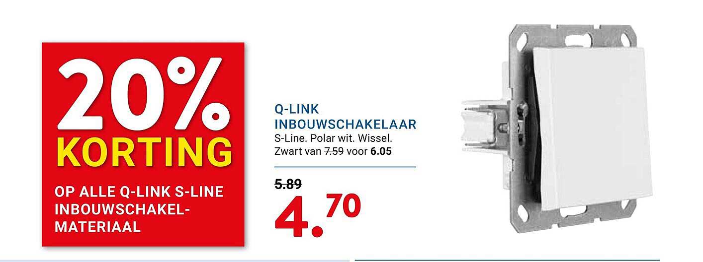 Q-LINK INBOUWSCHAKELAAR S-Line. Polar wit. Wissel. Zwart 20% KORTING OP ALLE Q-LINK S-LINE INBOUWSCHAKEL-MATERIAAL