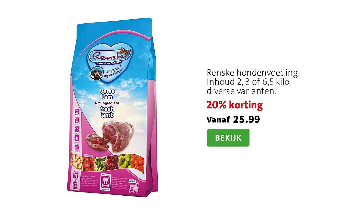 Renske hondenvoeding. Inhoud 2, 3 of 6,5 kilo, diverse varianten. 20% korting