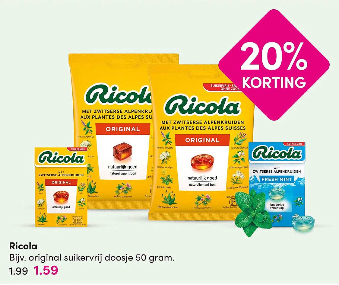 Ricola Bĳv. original suikervrij doosje 50 gram. 20% KORTING