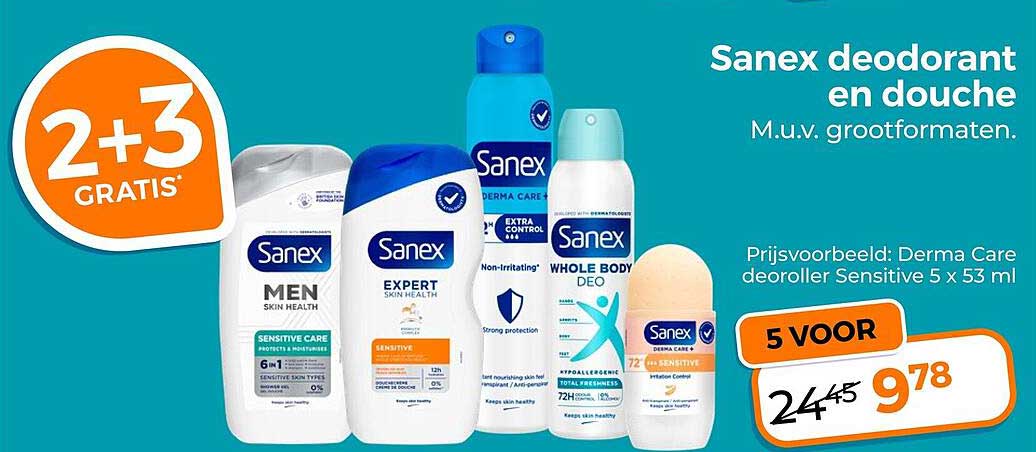 Sanex deodorant en douche M.u.v. grootformaten. 2+3 GRATIS