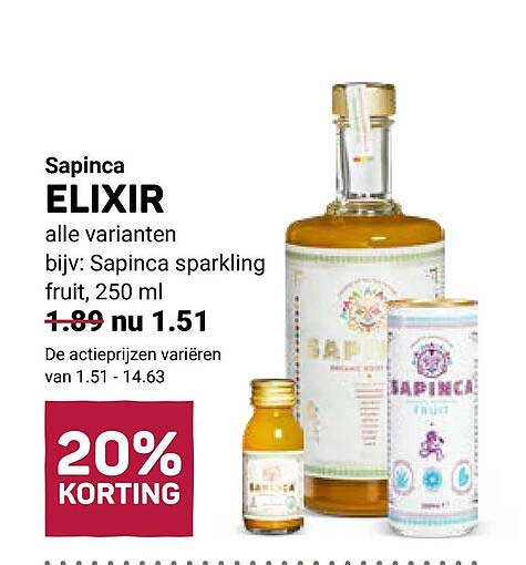Sapinca ELIXIR alle varianten bijvoorbeeld: Sapinca sparkling fruit, 250 ml 20% KORTING