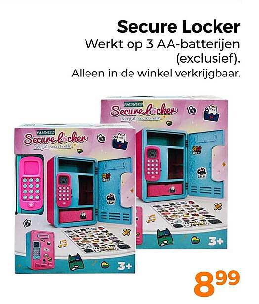 Secure Locker Werkt op 3 AA-batterijen (exclusief). Alleen in de winkel verkrijgbaar.