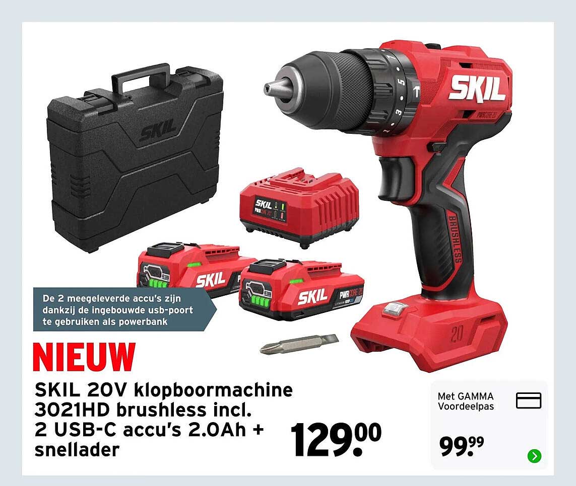 SKIL 20V klopboormachine 3021HD brushless incl. 2 USB-C accu's 2.0Ah + snellader
